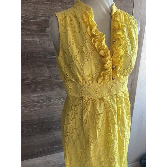 Shoshanna Women Dress Yellow Eyelet Deep V Neck Size 4 Sleeveless Spring Summer - Picture 4 of 10
